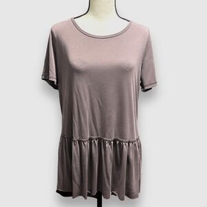 Mote Womens Tiered Ruffle Hem Lace-Up Back Neck Short Sleeve‎ Blouse Gray Purple